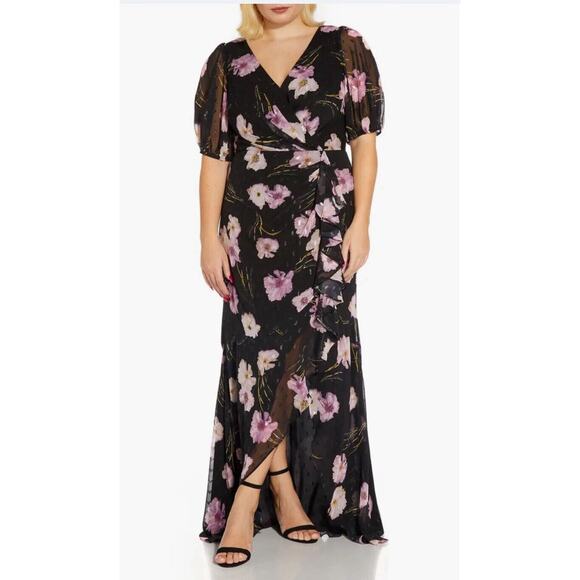 Adrianna Papell Purple Floral Print Chiffon Ruffle Gown Black Size 8 NWT $229 - Picture 1 of 15